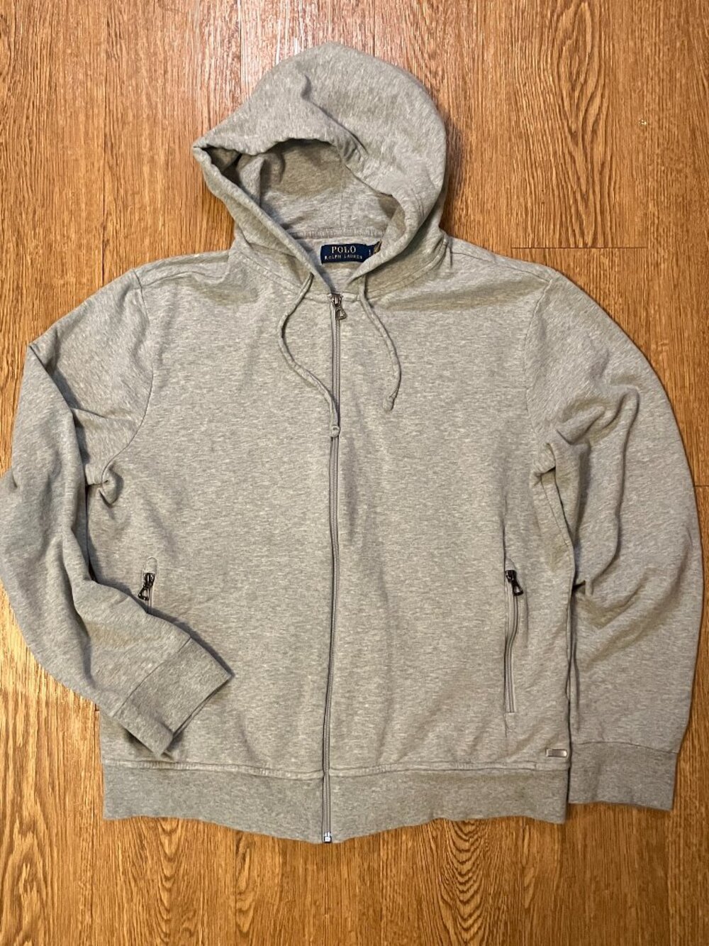 Polo Ralph Lauren Mens Full Zip Hoodie Gray Large Metal Logo Plaque Zip Pockets